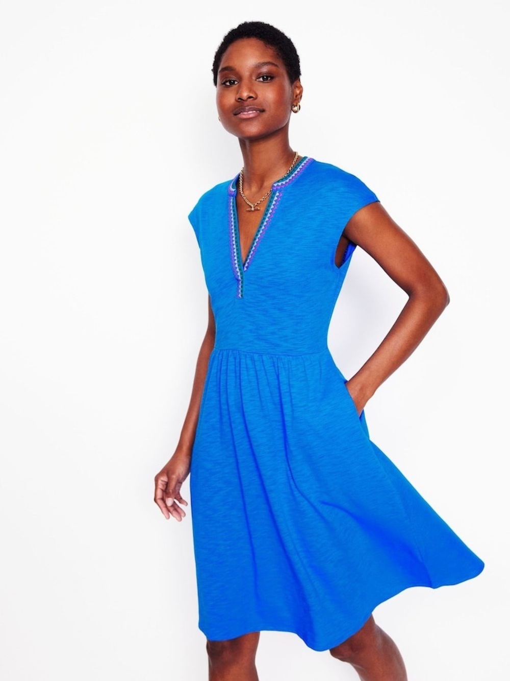 Boden Chloe Embroidered Cotton Blend Short Dress Blue 4P